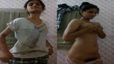 Tall cute girl strips and shows nude boobs