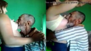 Old man enjoy sucking young girl boobs