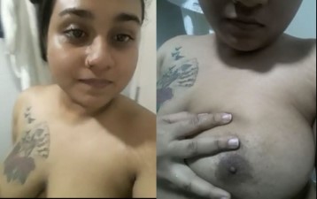 Flowered Tattoo girl full nude bathroom selfie clip